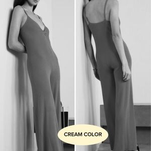 LIVE THE PROCESS Leda twist-front ribbed-knit jumpsuit, cream, wide leg